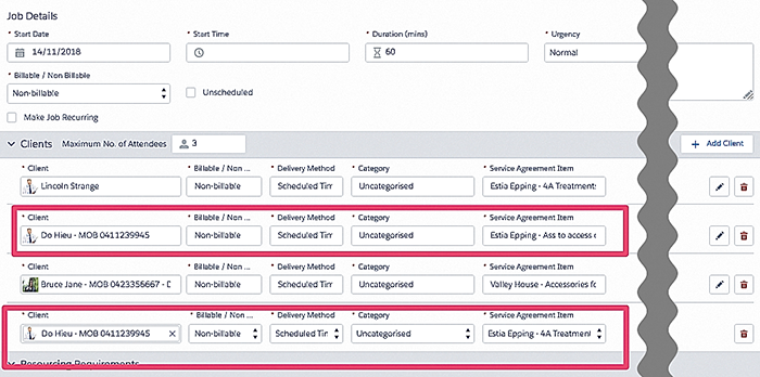 An example where multiple clients have been added to a group event.