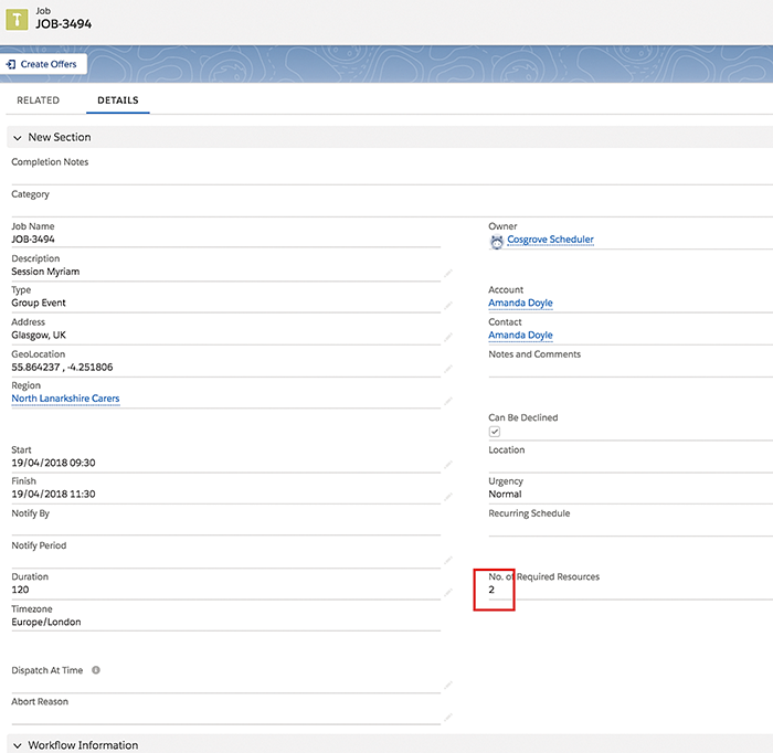 A job showing the number of required resources is two.