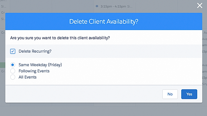 The delete client availability modal.