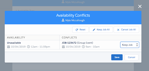 A warning showing that a new unavailability request is clashing with an existing job.
