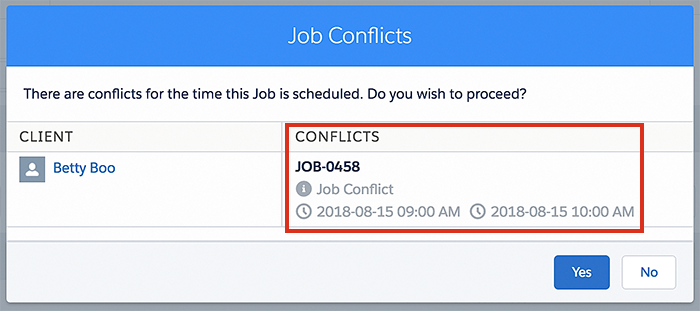 A warning showing that a new job is clashing with an existing job for this client.