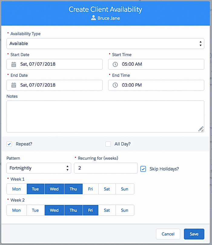 The create client availability modal.