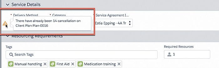 Cancellation warnings on a client plan.
