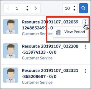 Selecting the view period option for a resource on the roster resource console.