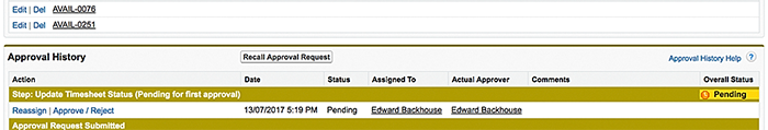 A timesheet pending approval in the Salesforce record.