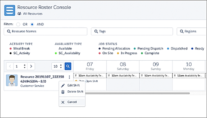 The shift options in the roster resource console.