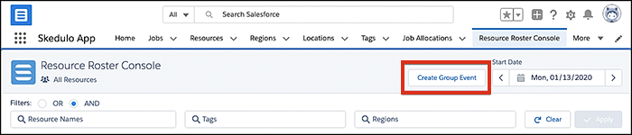 The create group event button on the roster resource console.