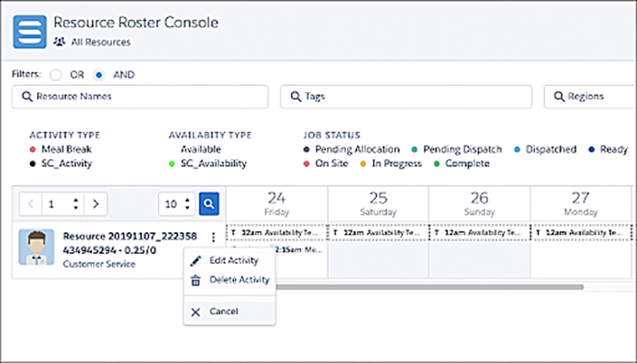 The activity options in the roster resource console.