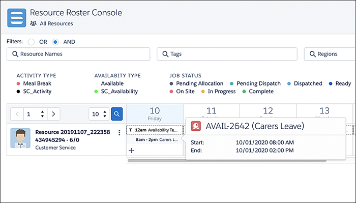 Viewing a resource's availability in the roster resource console.