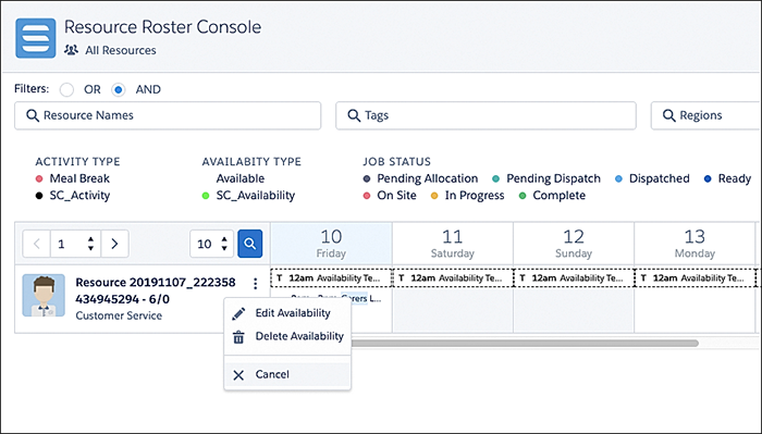 The availability options on the roster resource console.