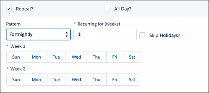 The repeat options when creating an availability.