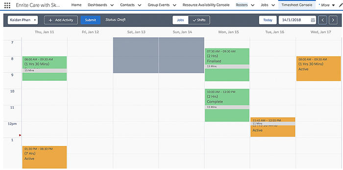 The shifts view on the timesheet console.