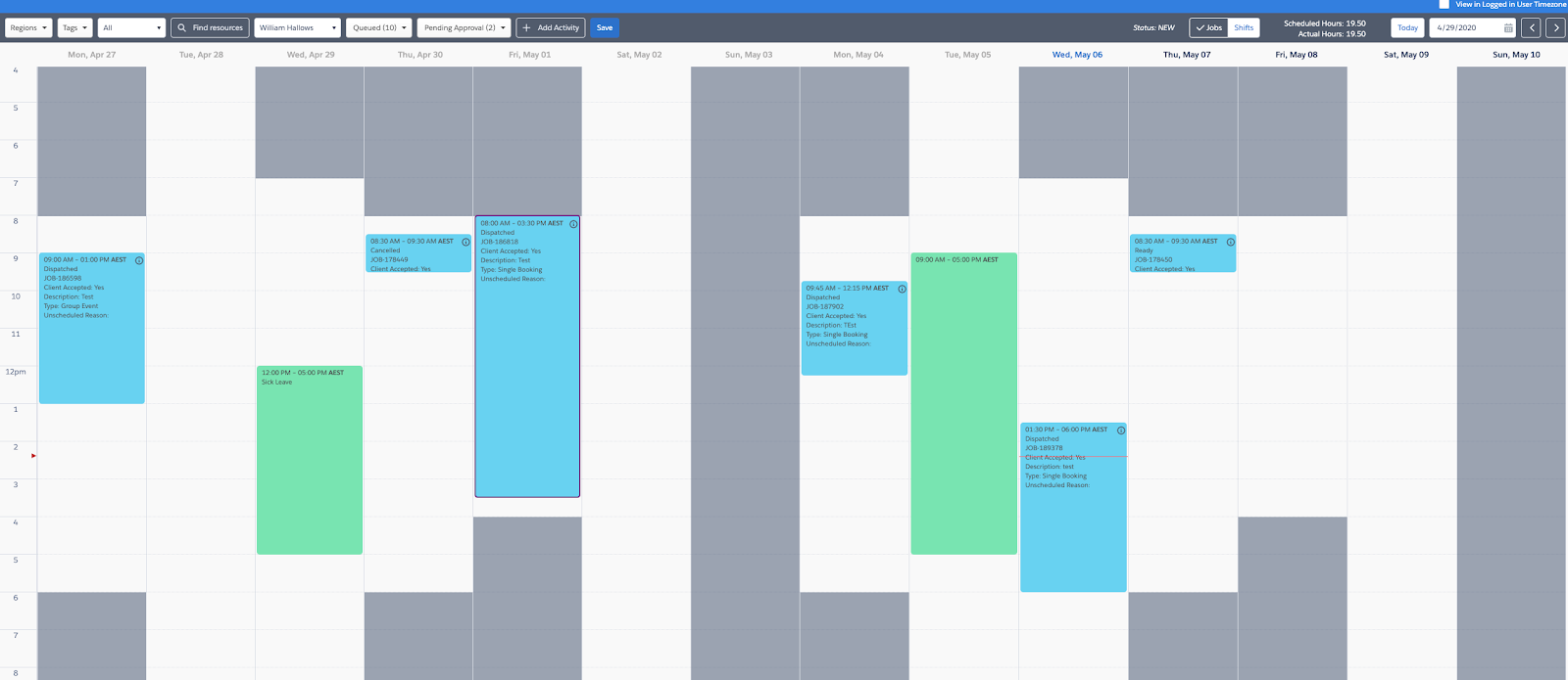 Activities being displayed on the timesheet console.