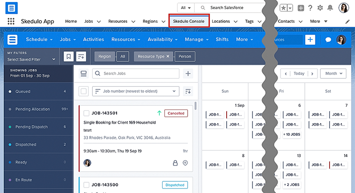 The Skedulo console tab as seen in embedded in the Salesforce CRM.