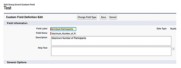 The edit group event custom field screen in Salesforce.