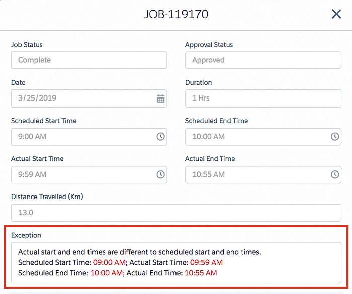 A job showing exceptions.