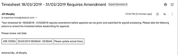 An email showing a timesheet has been rejected.