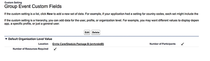 The group event custom fields settings in Salesforce.
