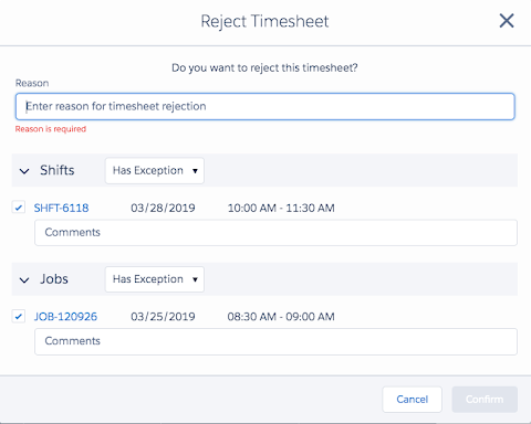 Rejecting a timesheet.
